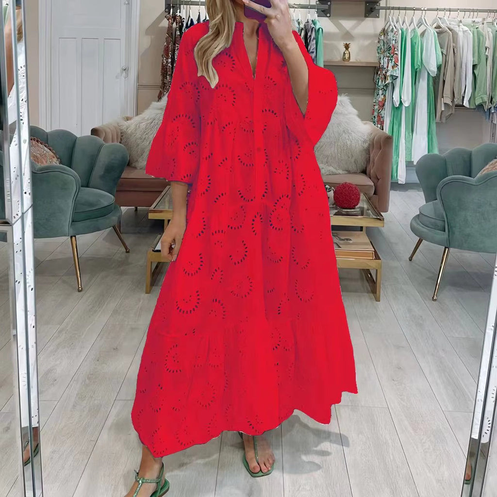 Dresses for Dresses Spring Summer Shirt Dress 2024 White Dresses V-Neck Flared Sleeves Lace Hollow Solid Color Sexy Long Dresses